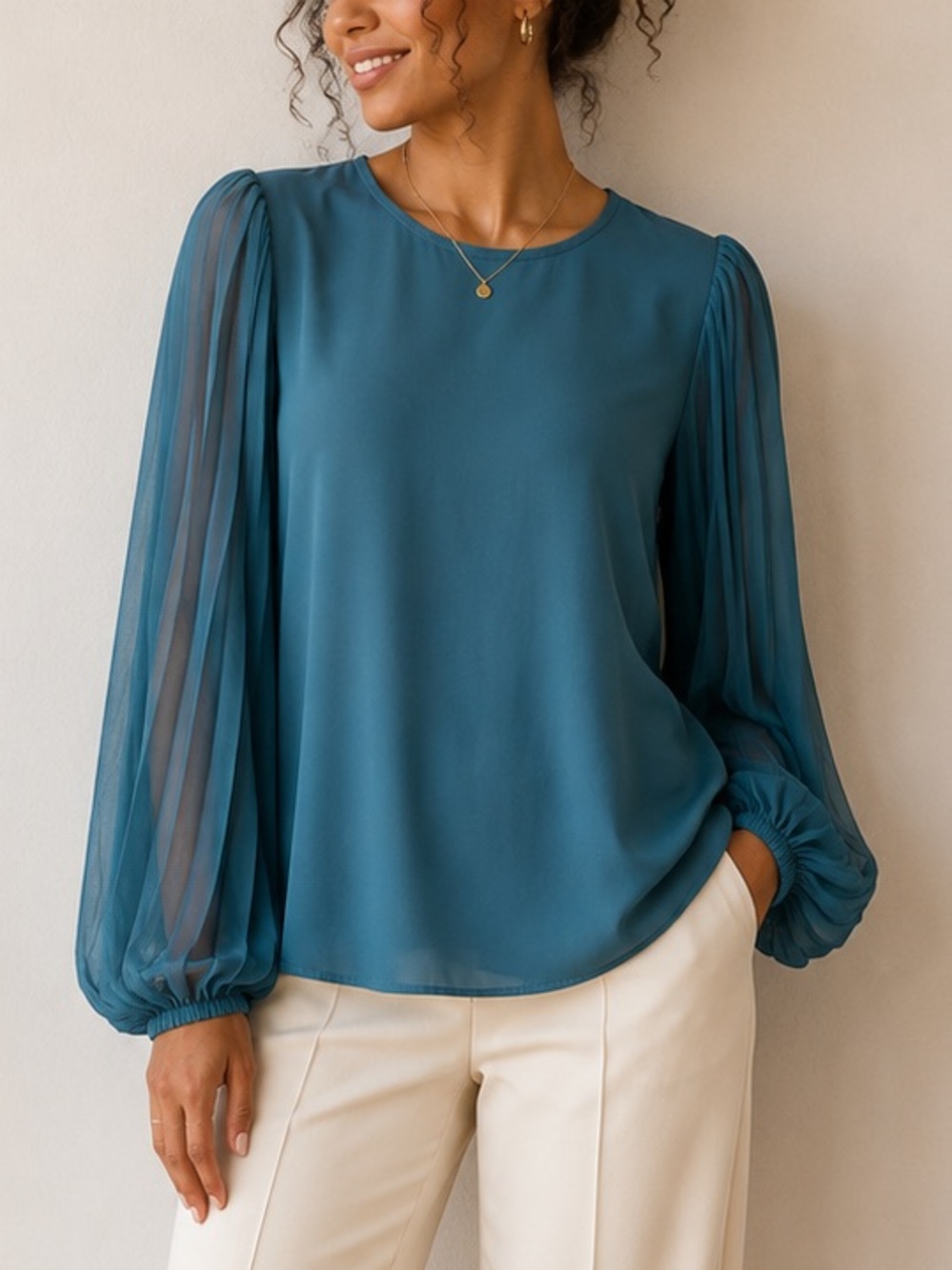 SHEIN Teal Pleated Sleeve Blouse Size US 8/10 EU 40/42 Long Sleeve Workwear Top
